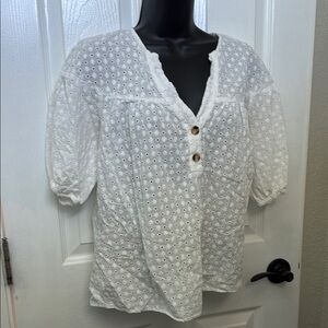 Zara White Puff Sleeve Blouse with Mandarin Collar